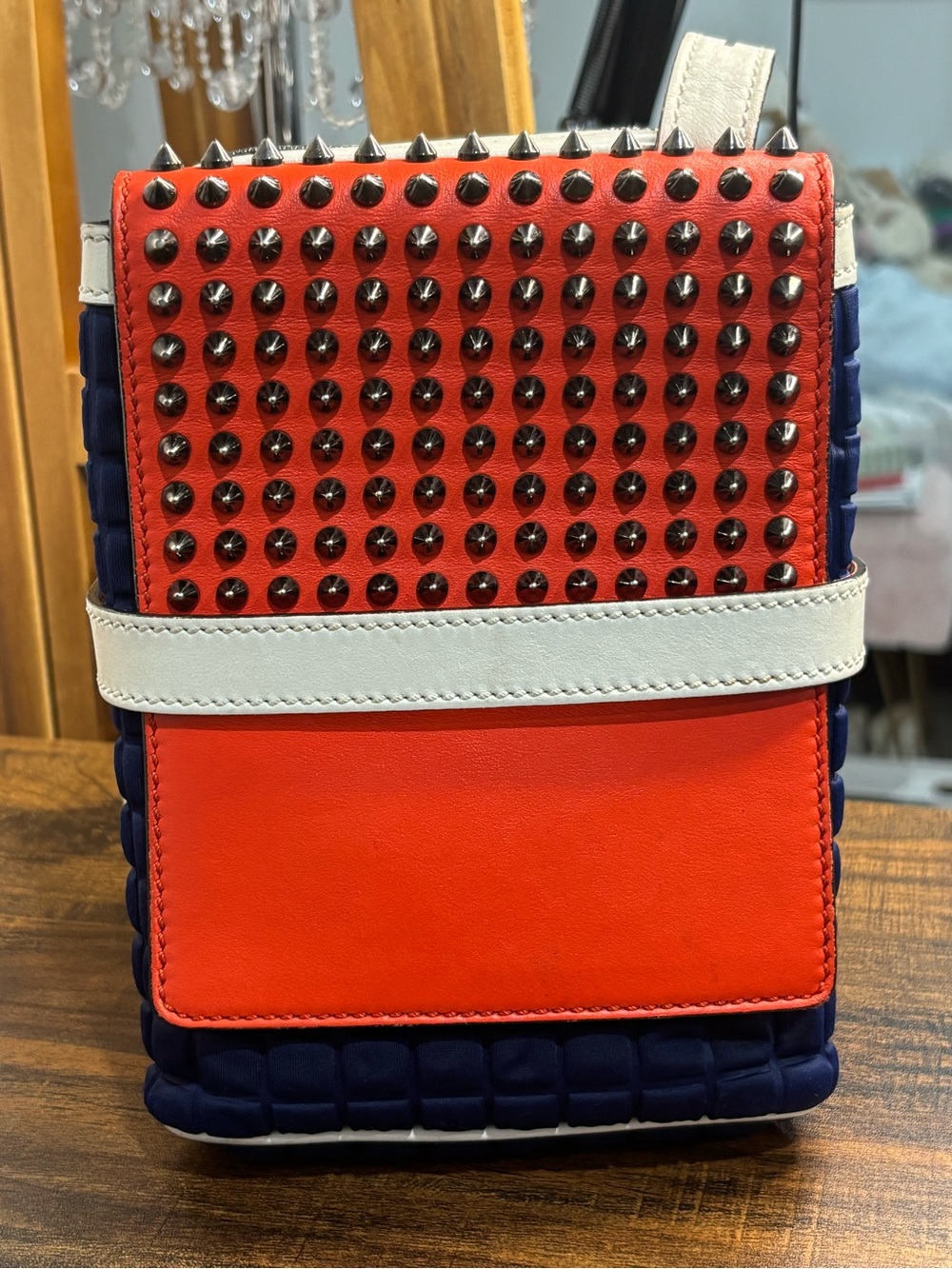 Christian Louboutin Studded Crossbody Bag Blue Red messenger shoulder reporter